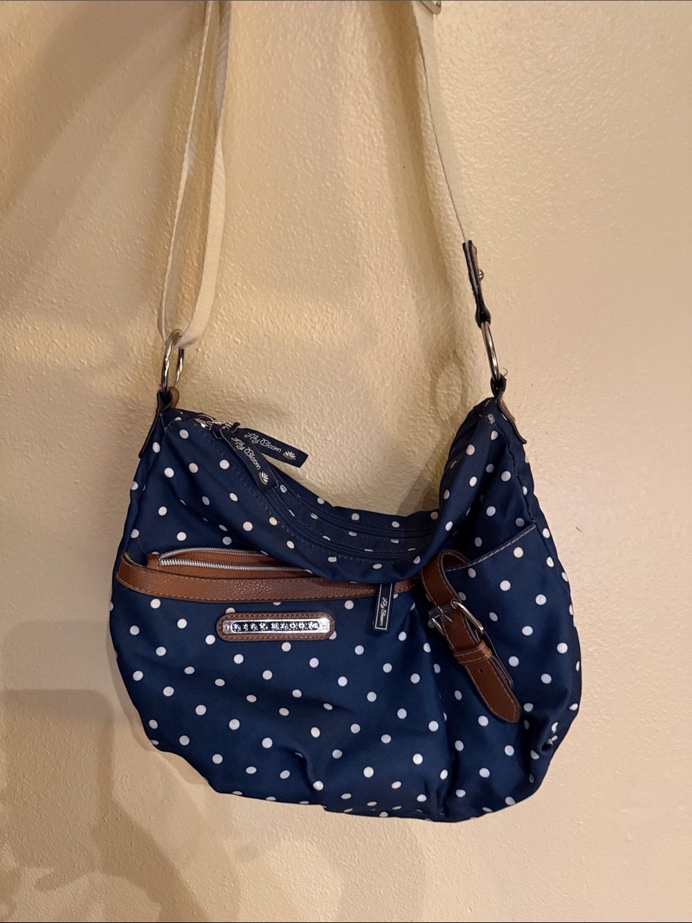 Lily Bloom Navy Polka Dot Shoulder Bag with Brown Trim